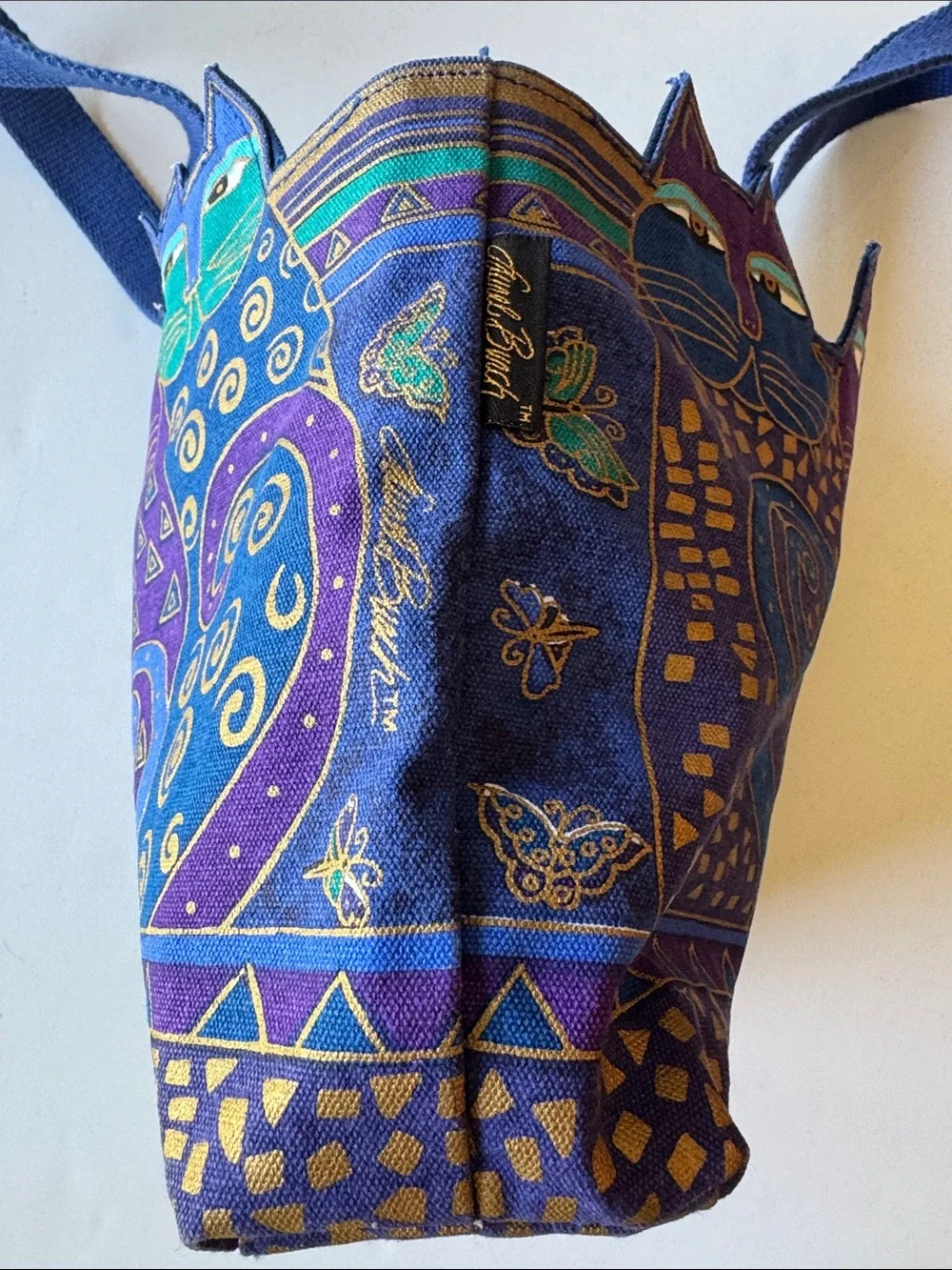 Laurel Burch Whimsical Cat Pattern Shoulder Bag in Blue and Purple